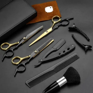 This professional 11-piece black and gold hair cutting scissors set includes straight shears, thinning shears, and other barber supplies made from durable Japanese stainless steel.
