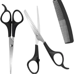 This professional hair scissors set includes cutting and thinning shears made of durable stainless steel with ergonomic handles, ideal for salon, barber, or home use.