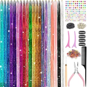 This hair tinsel kit includes 20 different colors of 48-inch heat-resistant fairy hair extensions with tools and rhinestone for creating unique hairstyles.