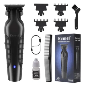 This professional hair trimmer features a zero-gapped T-blade for precise outlining and trimming.