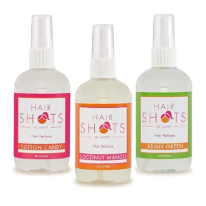 This bundle features three heat activated hair fragrances: Cotton Candy, Coconut Mango, and Asian Green, designed to leave hair smelling fresh all day and deter lice.