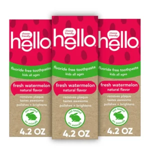 Three tubes of Hello Watermelon fluoride-free toothpaste for kids, formulated with xylitol and aloe vera to gently clean and protect growing teeth while making brushing fun.