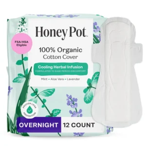 The Honey Pot overnight herbal menstrual pads with wings offer natural odor control, dryness relief, and comfortable protection for sensitive skin.