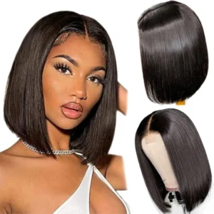 This is a short, sleek human hair bob wig with a 13x4 HD transparent lace front, styled in a natural black color with baby hairs for a realistic and modern look.