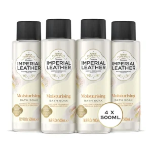Four bottles of Imperial Leather Marshmallow and Rose Milk bath soak offer a pampering and fragrant bubble bath experience for soft and gentle skin care.