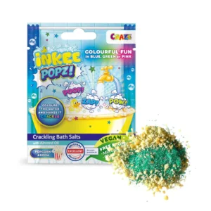 INKEE crackling bath salts in pink, blue, or green color create a popcorn scent in the bath, moisturize skin, and provide a fun spa experience for kids.