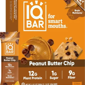 A box of IQ BAR Peanut Butter Chip brain and body nutrition bars, a keto and vegan friendly snack with 11g of plant protein, less than 1g of sugar, and only 4g net carbs.