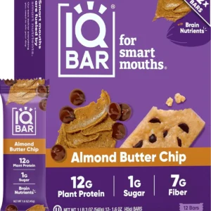 Twelve IQBAR Almond Butter Chip keto protein bars, a vegan and gluten-free snack with only 3g net carbs and brain-boosting nutrients.