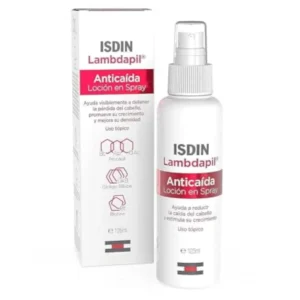Bottle of Isdin Lambdapil anti-hair loss spray, a safe, daily-use formula with high-quality ingredients and free from harmful chemicals in a 125ml size.