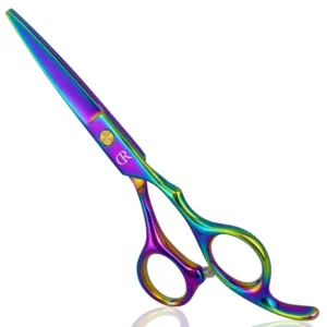 JAVENPRO professional rainbow barber shears with sharp blades for women, men, and kids haircuts feature ergonomic handle and are made of 420c stainless steel.
