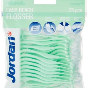 This image shows Jordan Easy Reach Flossers in Cool Mint, providing cavity protection, gum care and fresh breath, with 25 flossers per pack.