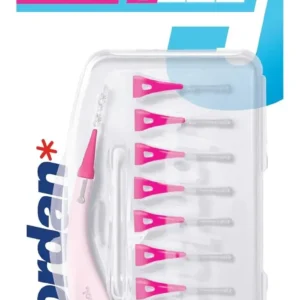 This is a pack of Jordan Brush Between interdental brushes, size extra small 0.4mm, featuring refillable heads, an ergonomic handle, and a travel case for cleaning between teeth.