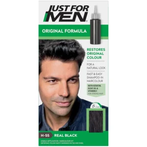 This image shows the Just For Men Real Black hair coloring kit, a compact solution packed with features designed to perfectly color men's hair.