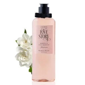 Kimirica Love Story bubble bath with gardenia and jasmine scent, enriched with ginkgo biloba, white tea extract, aloe vera, and vitamin E for soft and nourished skin.