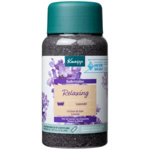 Kneipp purple bath crystals with lavender essential oil and sea salt offer a relaxing vegan bath experience in recycled packaging.