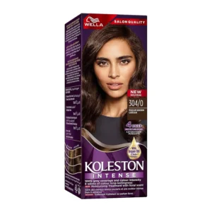 Box of Koleston Intense Semikit 304/0 Medium Brown hair color providing intense color, shine, and grey coverage with oil replacement conditioning.