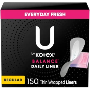 A package of U by Kotex Balance daily pantiliners with light absorbency for everyday freshness and comfortable period backup.