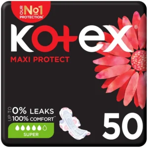 Kotex Maxi Protect Thick super size sanitary pads with wings provide unbeatable comfort and protection for medium to heavy flow days, offering up to 0% leaks and 100% comfort.