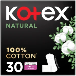 Kotex Natural Cotton Panty Liners provide all-day comfort, gentle protection, and maximum dryness for a fresh and clean feeling, individually wrapped for hygiene on the go.