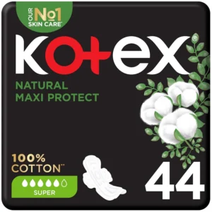 Kotex Natural Maxi Thick sanitary pads for heavy flow days, made with 100% cotton for a soft, hypoallergenic, and absorbent period experience.