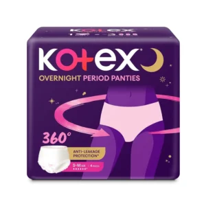 Kotex overnight period panties in size small/medium with 360-degree leak protection and airy-soft fabric provide comfortable and reliable protection during heavy flow, each panty absorbing as much as three regular pads.