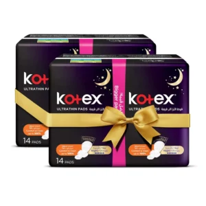 Kotex Ultra Thin Overnight Pads with Wings offer discreet and secure protection with a soft top cover and wide back coverage for comfortable and reliable nighttime protection.
