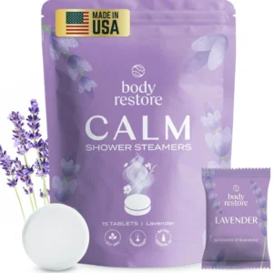 Fifteen lavender scented shower steamers offer aromatherapy relaxation in the shower, perfect bedtime and self-care gifts for women.