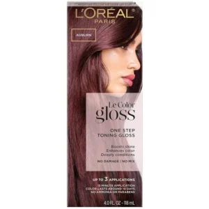 L'Oreal Paris auburn toning hair gloss enhances red tones, boosts shine, and deeply conditions for healthy, vibrant red or brown hair.