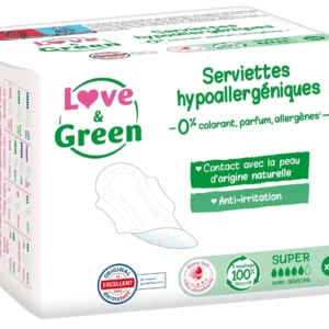 Love & Green ultra thin sanitary pads are hypoallergenic, extra absorbent, and made with 84% natural biodegradable material without unwanted ingredients like plastic voile, colourant, or fragrance.
