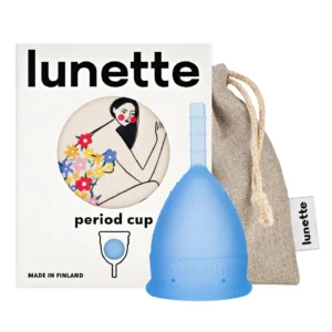 Blue Lunette Menstrual Cup Model 1, a reusable and comfortable period solution for light to normal flow, shown with its storage pouch.