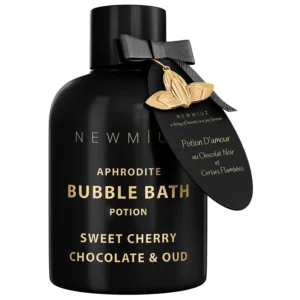 Indulge in a luxurious cherry chocolate oud bubble bath for a relaxing spa experience, creating long-lasting foaming bubbles perfect for stress relief and romantic self-care.