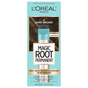 L'Oreal Magic Root Rescue hair color in dark brown provides 100 percent gray coverage in just 10 minutes with its precision applicator.
