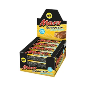 Indulge in a Mars Hi Protein Salted Caramel Bar, a delicious post-workout snack containing 20g of protein, real milk chocolate, and nougat with a sweet and salty flavour.