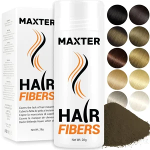 Maxter hair fibers in medium brown color instantly cover thinning hair and bald spots, creating a fuller, thicker look for both men and women.