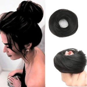 Natural black messy bun hair extension made with real human hair, perfect for creating effortless, trendy hairstyles for women and girls.