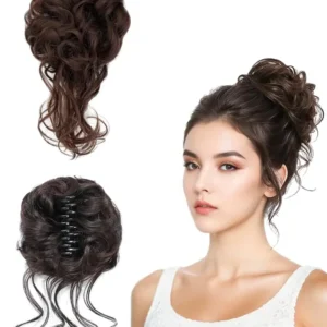 Two dark brown messy bun hair extensions, one with a claw clip and the other with a rubber band, offering easy and elegant updo hairstyles.