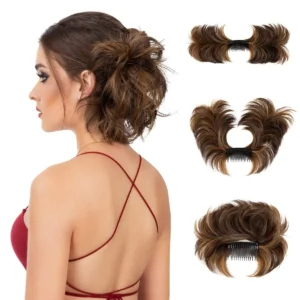 Iced mocha messy bun hair piece with a side comb and bendable arms for versatile, easy styling.