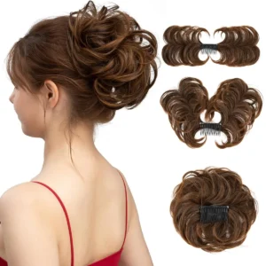 Ginger brown and light auburn messy bun hair piece adds effortless volume and style to a ponytail or bun with its adjustable elastic band.