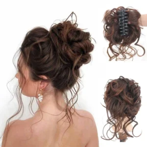 This claw clip messy bun hair piece is made of synthetic fiber that looks and feels like real hair, perfect for creating a quick and easy updo hairstyle for any occasion.