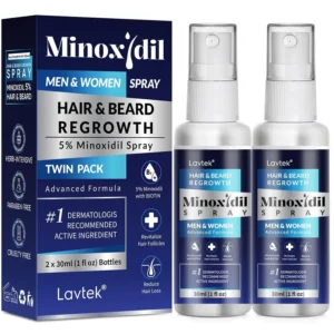 Two bottles of 5% minoxidil hair growth spray for men and women to help regrow thicker, fuller hair and reduce hair loss.