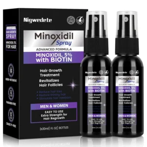 Nigwedete minoxidil 5 percent hair growth spray for men and women with biotin, castor oil, and ginger extract to treat hair loss and stimulate new follicle growth.
