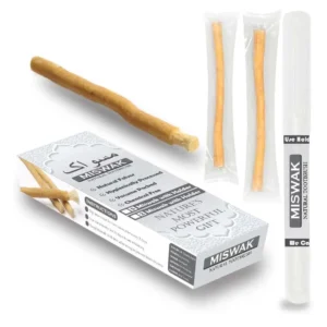 Natural miswak stick in vacuum-sealed packaging, a chewable toothbrush for organic teeth cleaning and healthier gums.