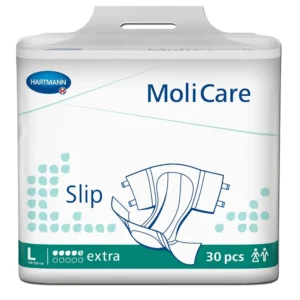 Molicare Slip Large adult diaper with breathable, moisture-repellent, antibacterial Dry-Plus fleece for comfort and pH-neutral protection.