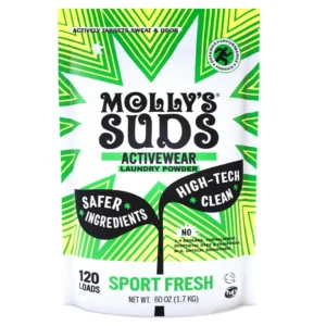 Molly's Suds active wear laundry detergent powder is a natural and extra strength formula designed to fight stains and odors on performance fabrics while being gentle on sensitive skin.