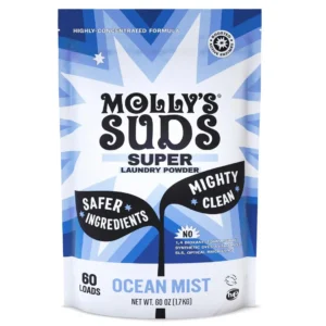 A pack of Molly's Suds Super Powder Laundry Detergent in Ocean Mist scent, offering 60 loads of plant-based, enzyme-powered cleaning that is safe for all washing machines, including HE.
