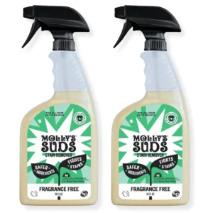 Two bottles of Molly's Suds stain remover spray, a gentle and effective formula for tackling tough stains like baby food and pet messes, made with clean ingredients.