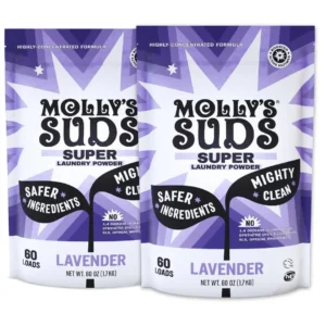 Two packs of Molly's Suds Lavender Super Powder, a natural laundry detergent formulated with plant-based surfactants and active enzymes for powerful stain removal and safe cleaning, designed for sensitive skin.