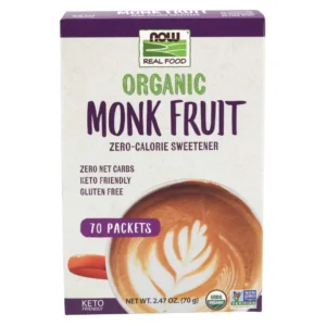 Now Foods Organic Monk Fruit liquid sweetener packets, a vegan and low glycemic alternative to sugar for sweetening beverages.