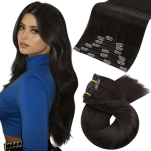 Moresoo dark brown clip in human hair extensions add volume and length for a natural looking hairstyle.