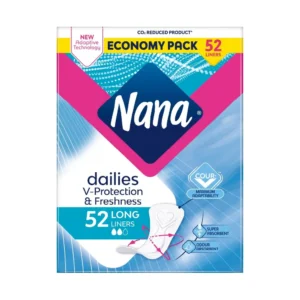 A pack of 52 Nana Daily Long panty liners providing all-day freshness, super absorbent protection, and gentle comfort for sensitive skin.